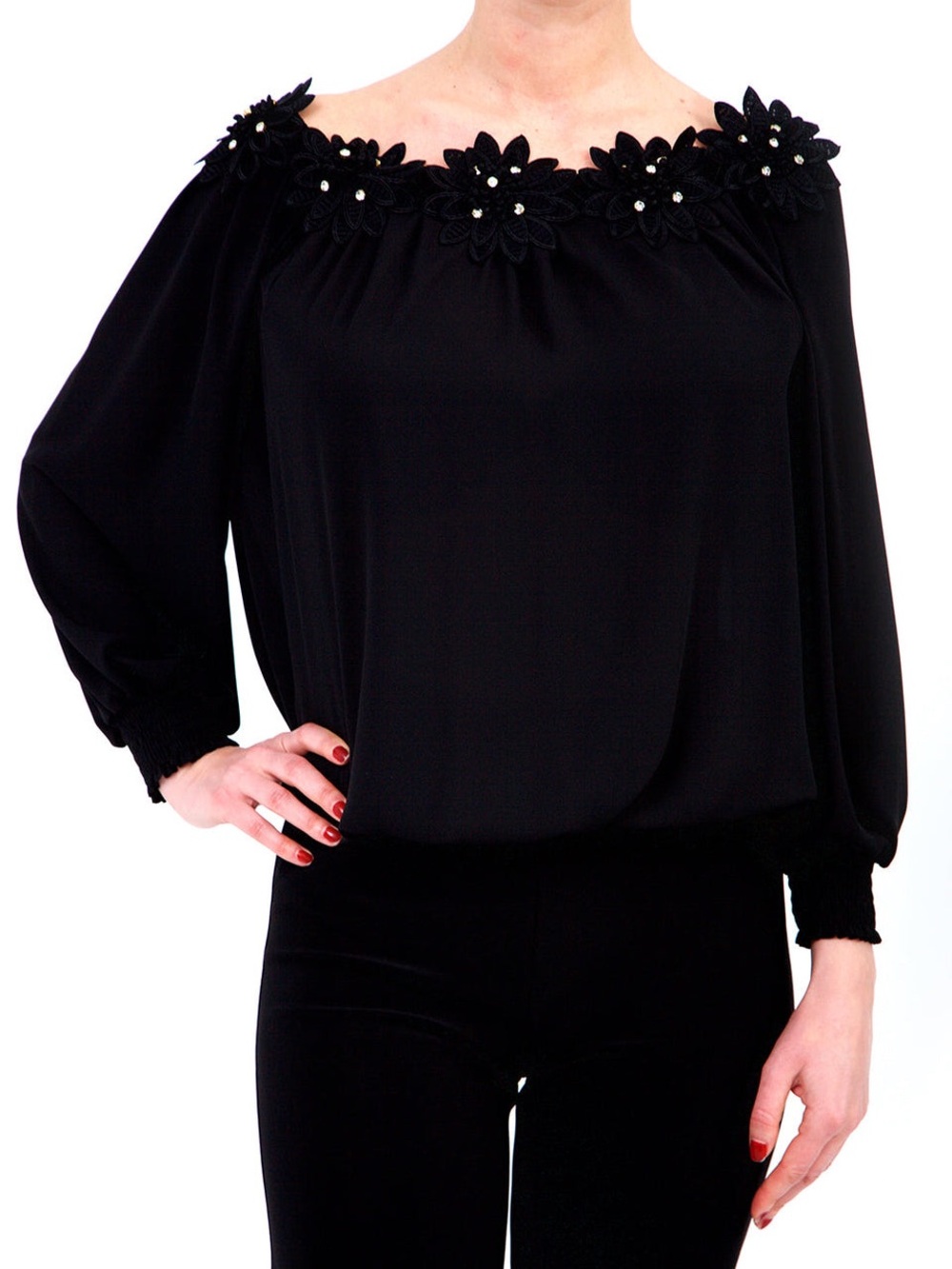Joseph Ribkoff Embellished Floral Applique Blouse - Blac